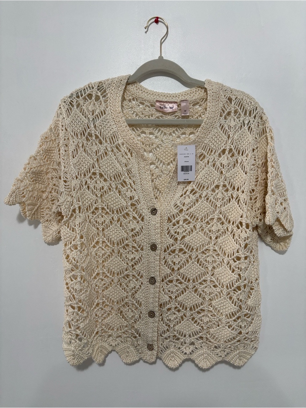 NWT Willow & Root Cream Short Sleeve Crochet Cardigan Sweater Top Medium
